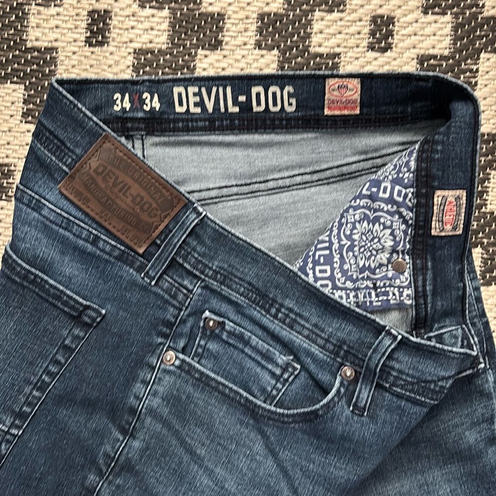 Mens 34x34 Devil-Dog Dungarees Jeans Blue Medium Wash Denim Pants